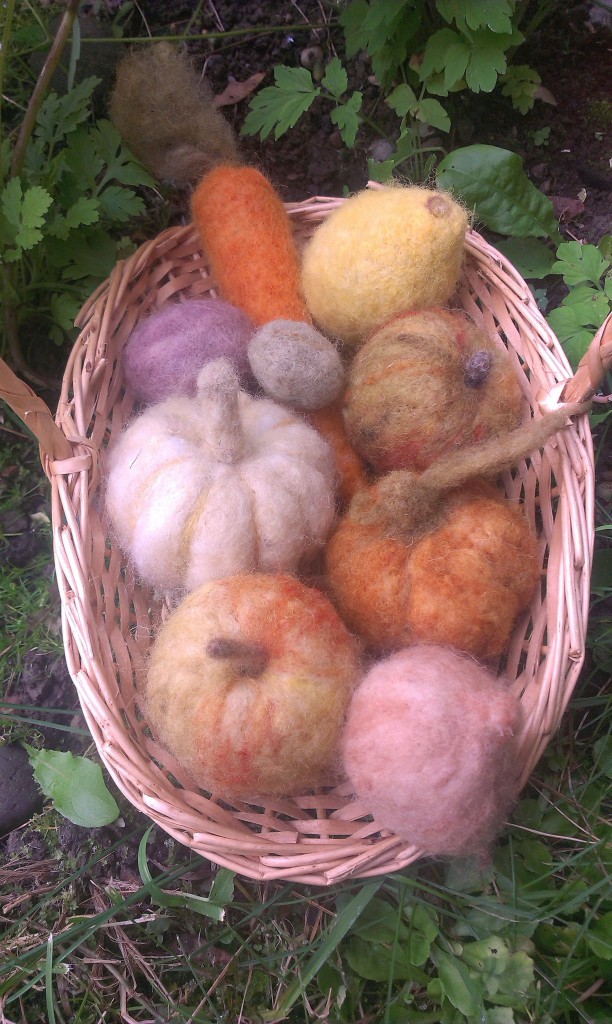 Needle felted fruiys & vegetables, using plant dyed wool y