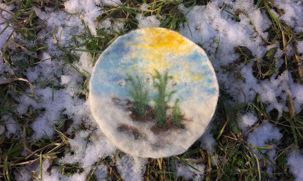 Snowdrop picture, needle felted on a piece of a pre-loved scarfe