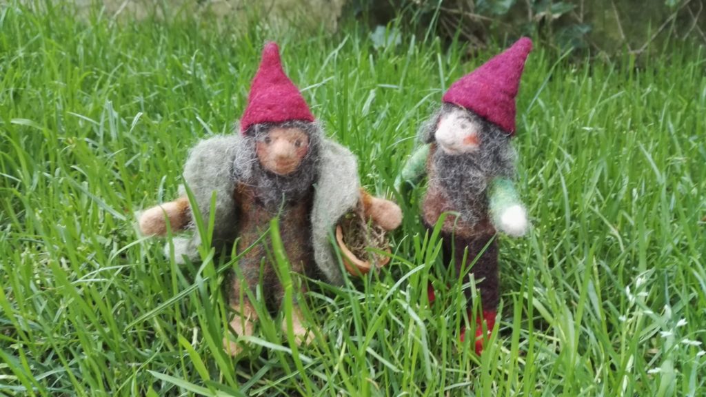 Two gnomes in the lawn, needle felted