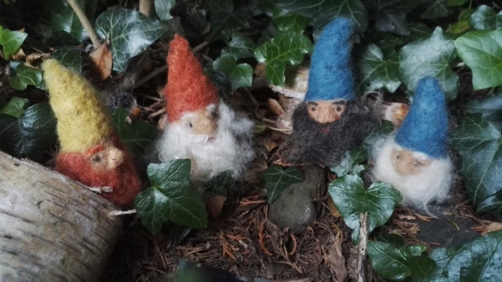 Dwarfs gathering, needle felted from plant dyed wool fibres